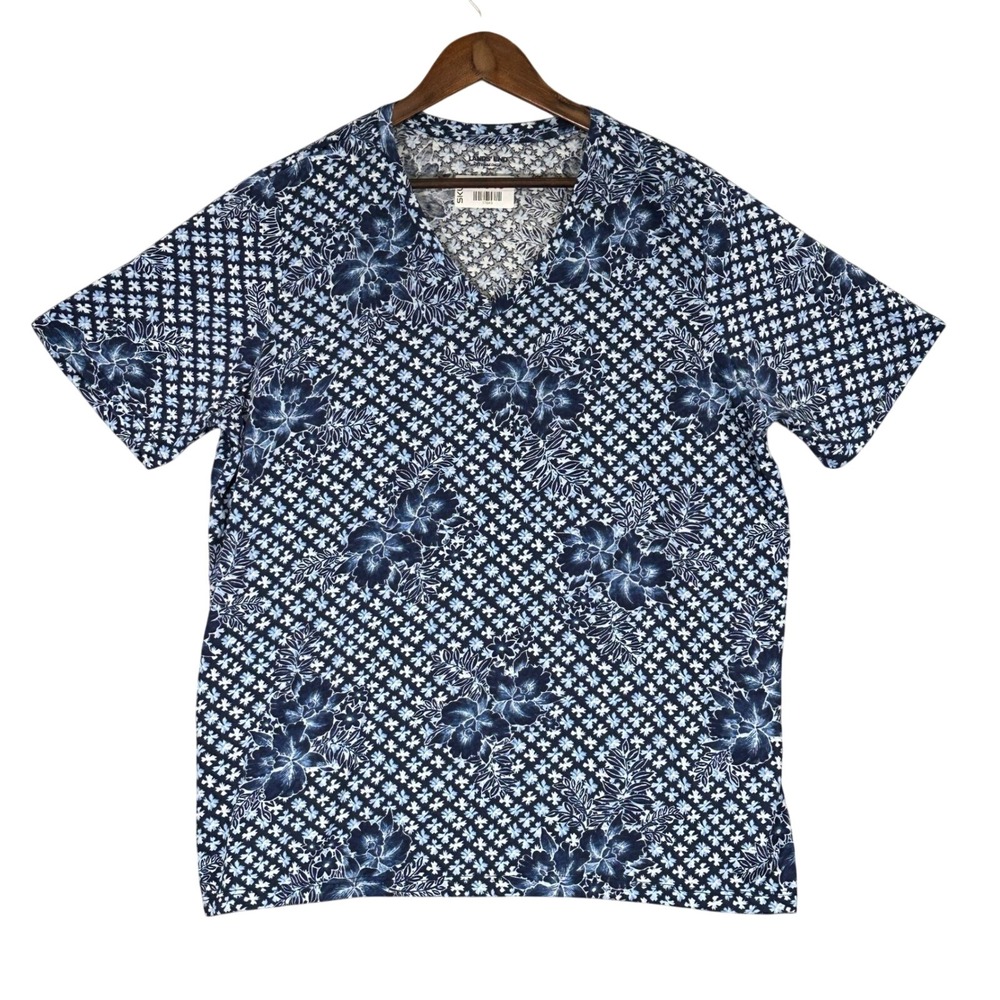 Lands End V-Neck Top Womens 1X Blue Floral Supima Cotton Relaxed Fit Excellent